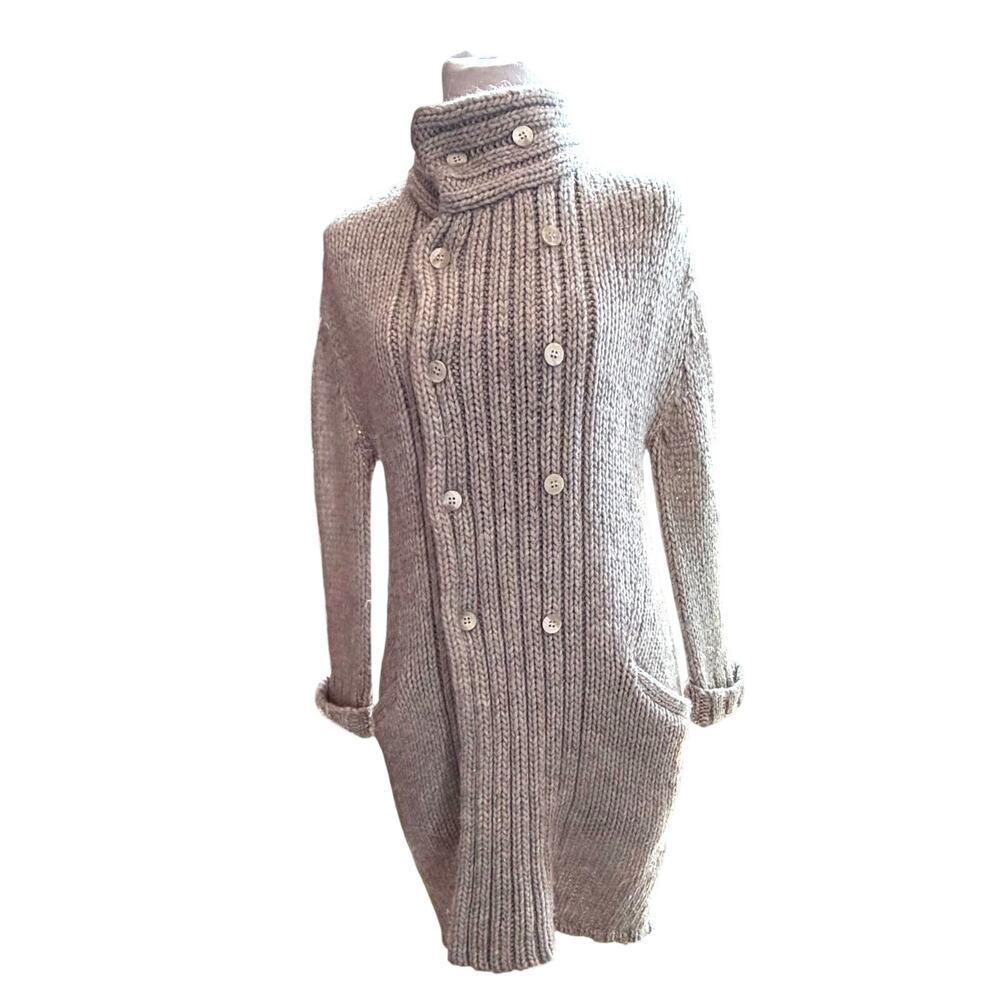 Des Pres Chunky Knit Cardigan Sweater women Sz L Beige Gold Wool Alpaca